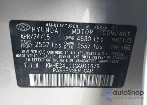 2016 Hyundai Sonata Hybrid Se из США, поврежденный, VIN KMHE24L11GA011679